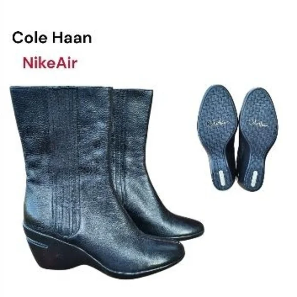 Cole Haan Nike Air Kiersten Black Leather Calf High Wedge Heel Boot Shoe Women 7 - Picture 12 of 12